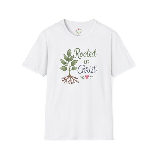 Rooted in Christ Tee — Faith-Based Christian T-Shirt with Tree & Heart Design