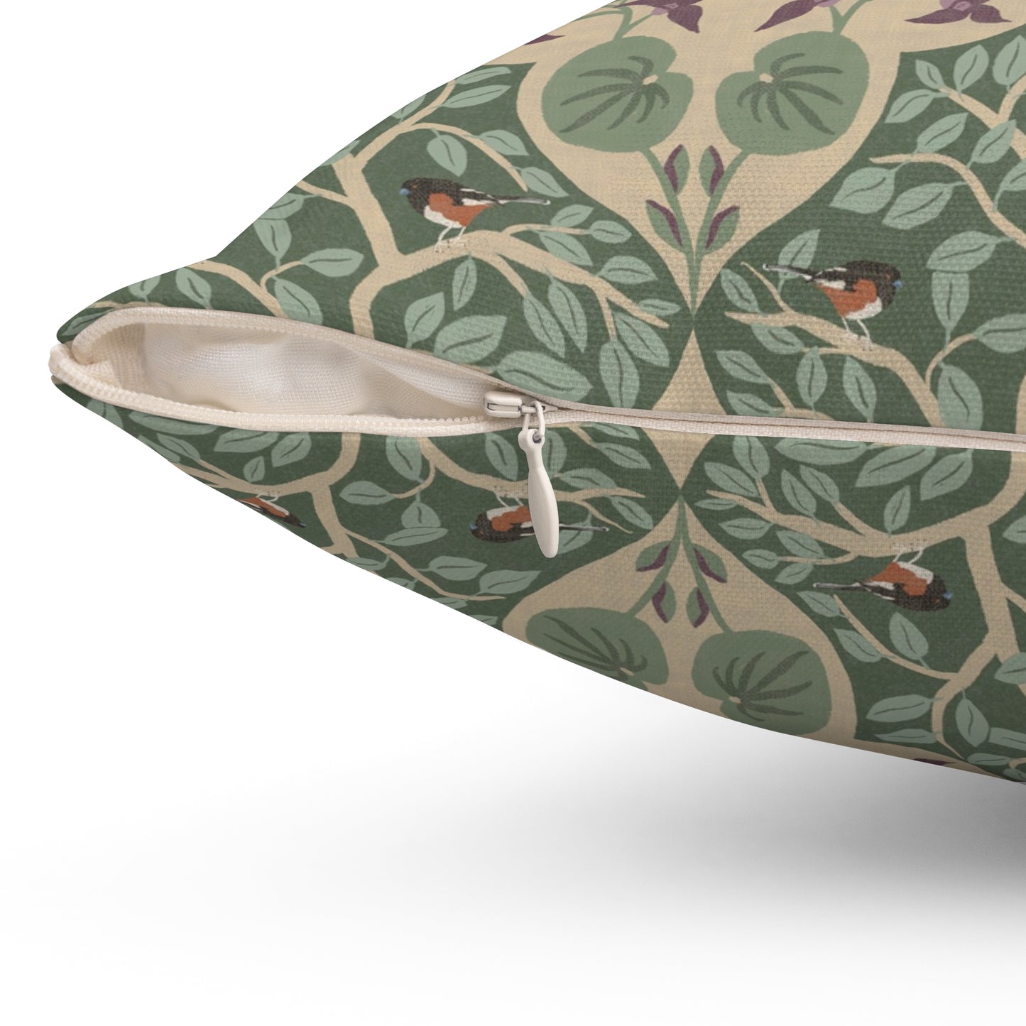 Wild Ginger, Beech Tree and Towhee Sparrows Spun Polyester Square Pillow