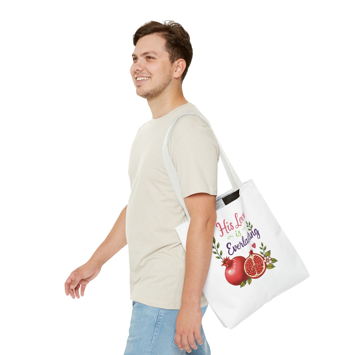 His Love Is Everlasting Pomegranate Tote Bag — Christian Floral Grocery Tote