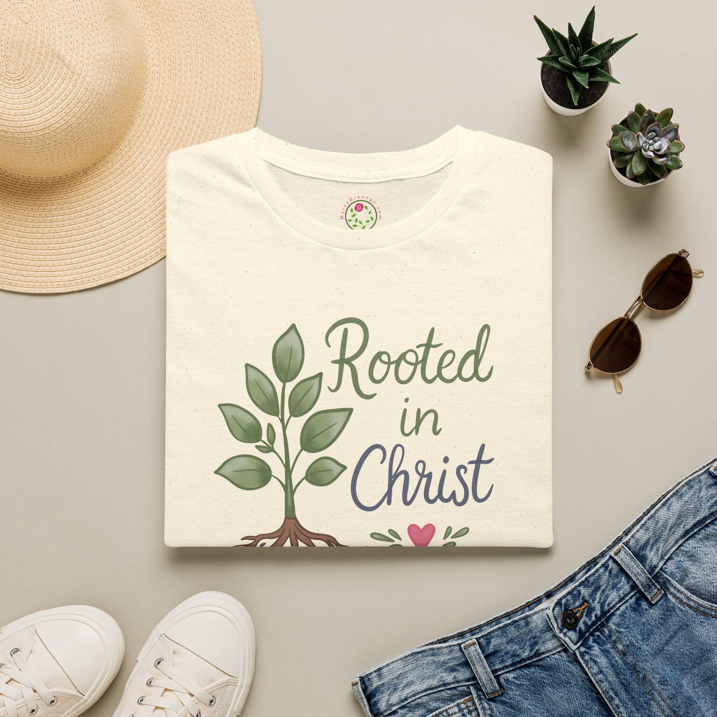 Rooted in Christ Tee — Faith-Based Christian T-Shirt with Tree & Heart Design