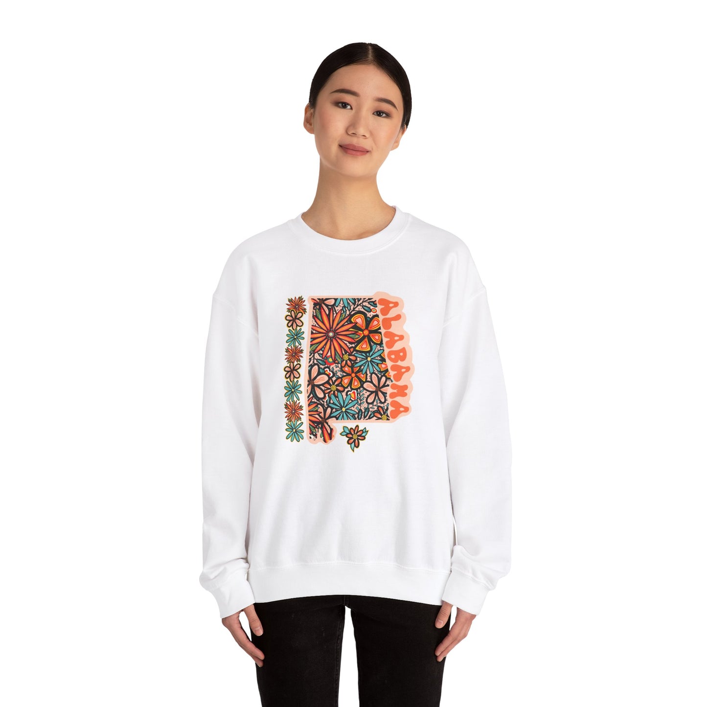 Retro 70s Flowers Alabama State Design — Heavy Blend™ Crewneck Sweatshirt