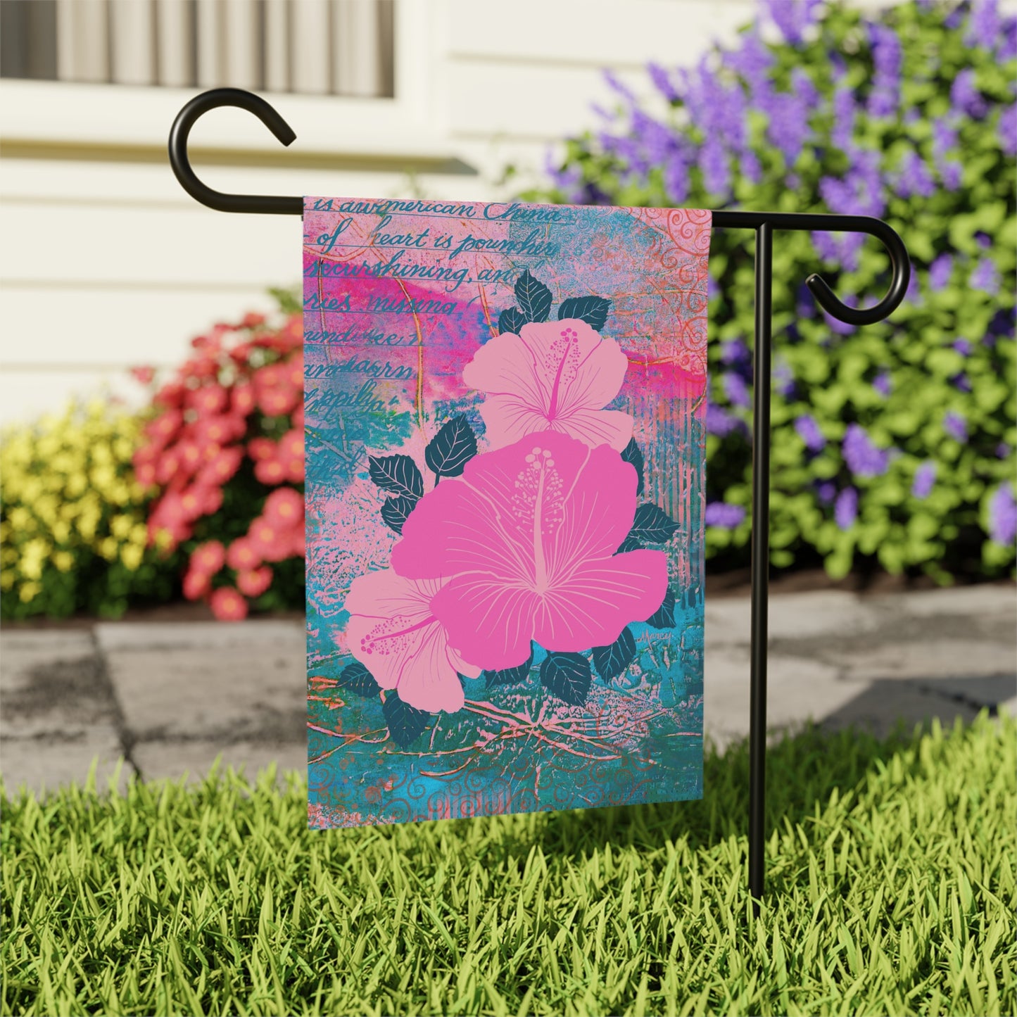 Tropical Blossoms - Three Pink Hibiscus Flowers - Garden & House Banner