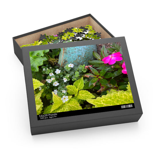 Photograph of a Turquoise Pot with Chartreuse Plants and Pink Vincas on a Puzzle (120, 252, 500-Piece)