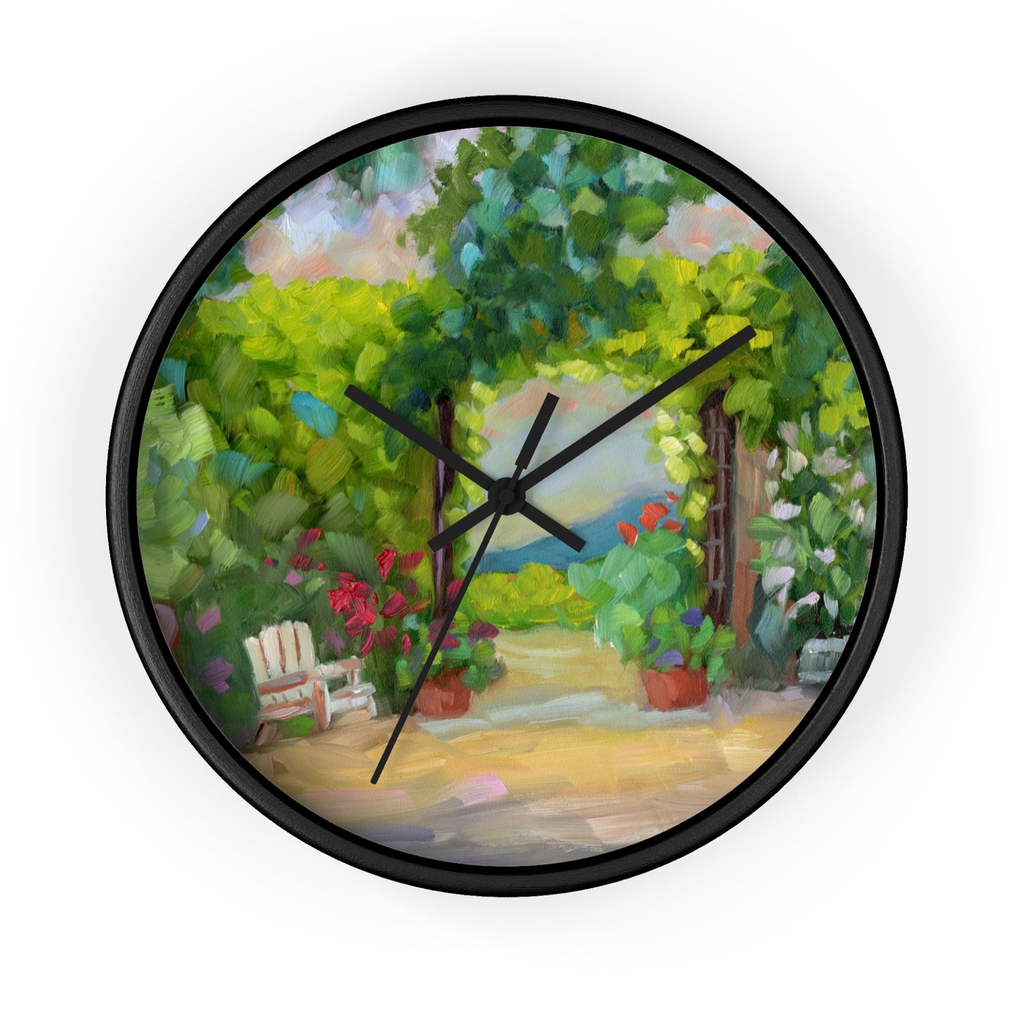 Garden Path Wall Clock — Peaceful Floral Patio Scene Decorative Clock