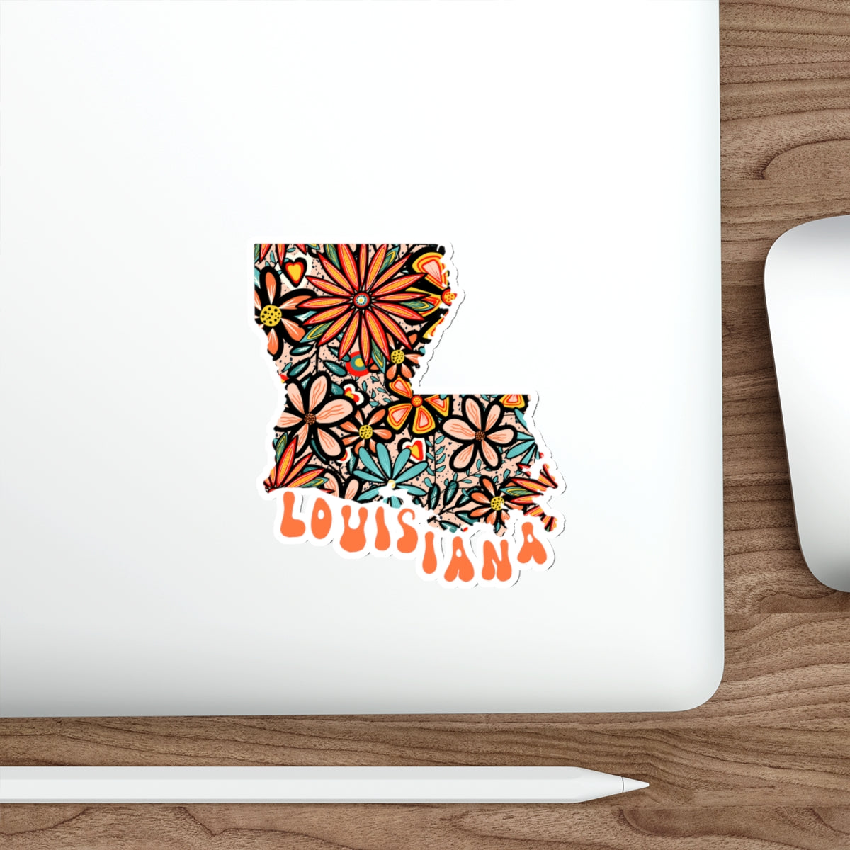 Louisiana State Sticker | Vinyl Artist Designed Illustration Featuring Louisiana State Outline Filled With Retro Flowers with Retro Hand-Lettering Die-Cut Stickers