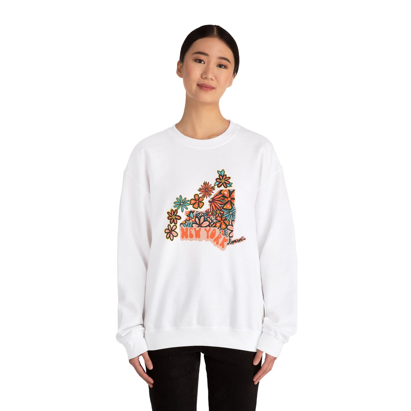 Retro 70s Flowers New York State Design — Heavy Blend™ Crewneck Sweatshirt