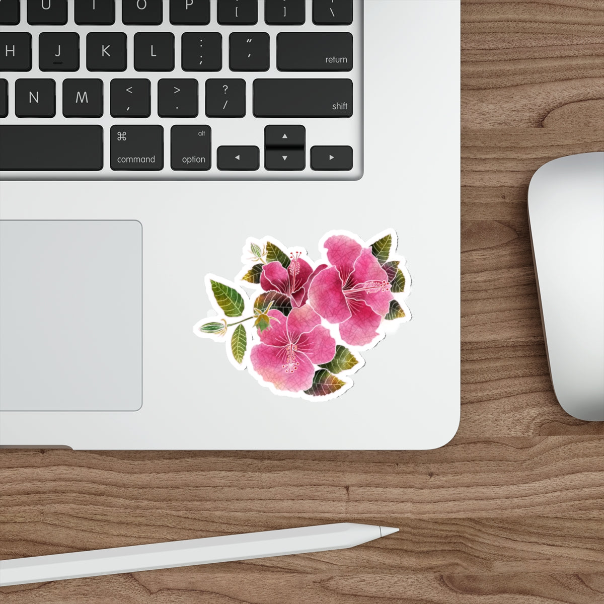 Three Pink Hibiscus with Buds and Leaves Hibiscus Die-Cut Stickers