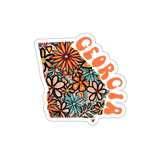 Georgia State Sticker | Vinyl Artist Designed Illustration Featuring Georgia State Outline Filled With Retro Flowers with Retro Hand-Lettering Die-Cut Stickers