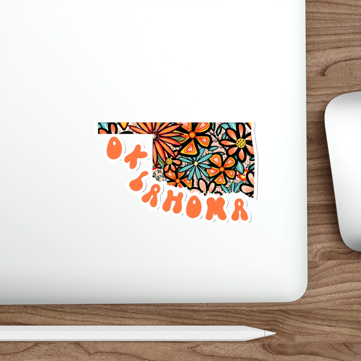 Oklahoma State Sticker | Vinyl Artist Designed Illustration Featuring Oklahoma State Filled With Retro Flowers with Retro Hand-Lettering Die-Cut Stickers