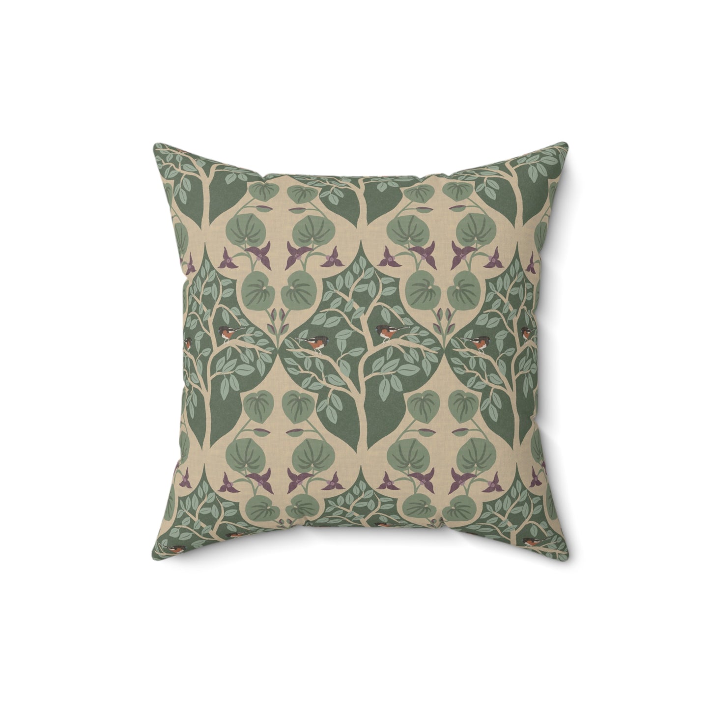 Wild Ginger, Beech Tree and Towhee Sparrows Spun Polyester Square Pillow
