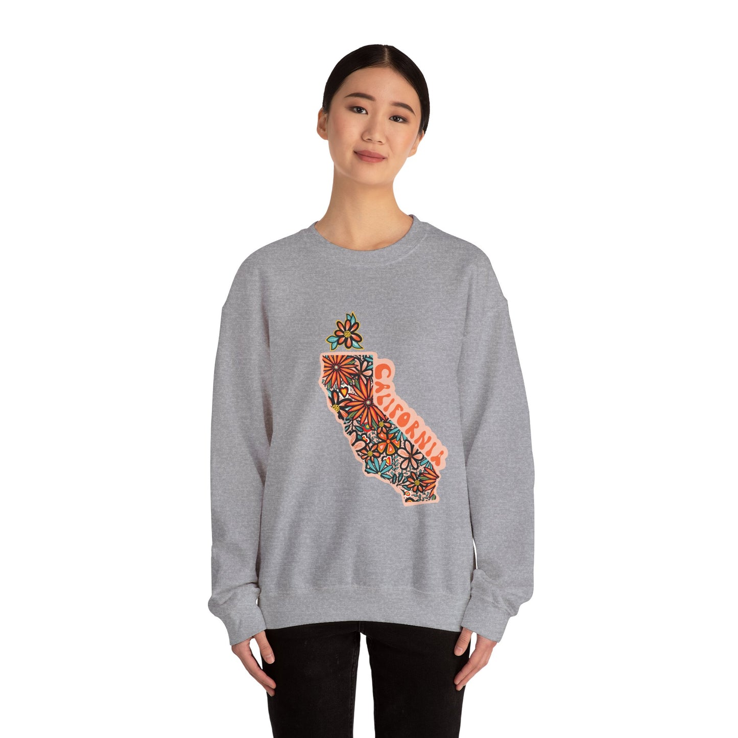 Retro 70s Flowers California State Design — Heavy Blend™ Crewneck Sweatshirt