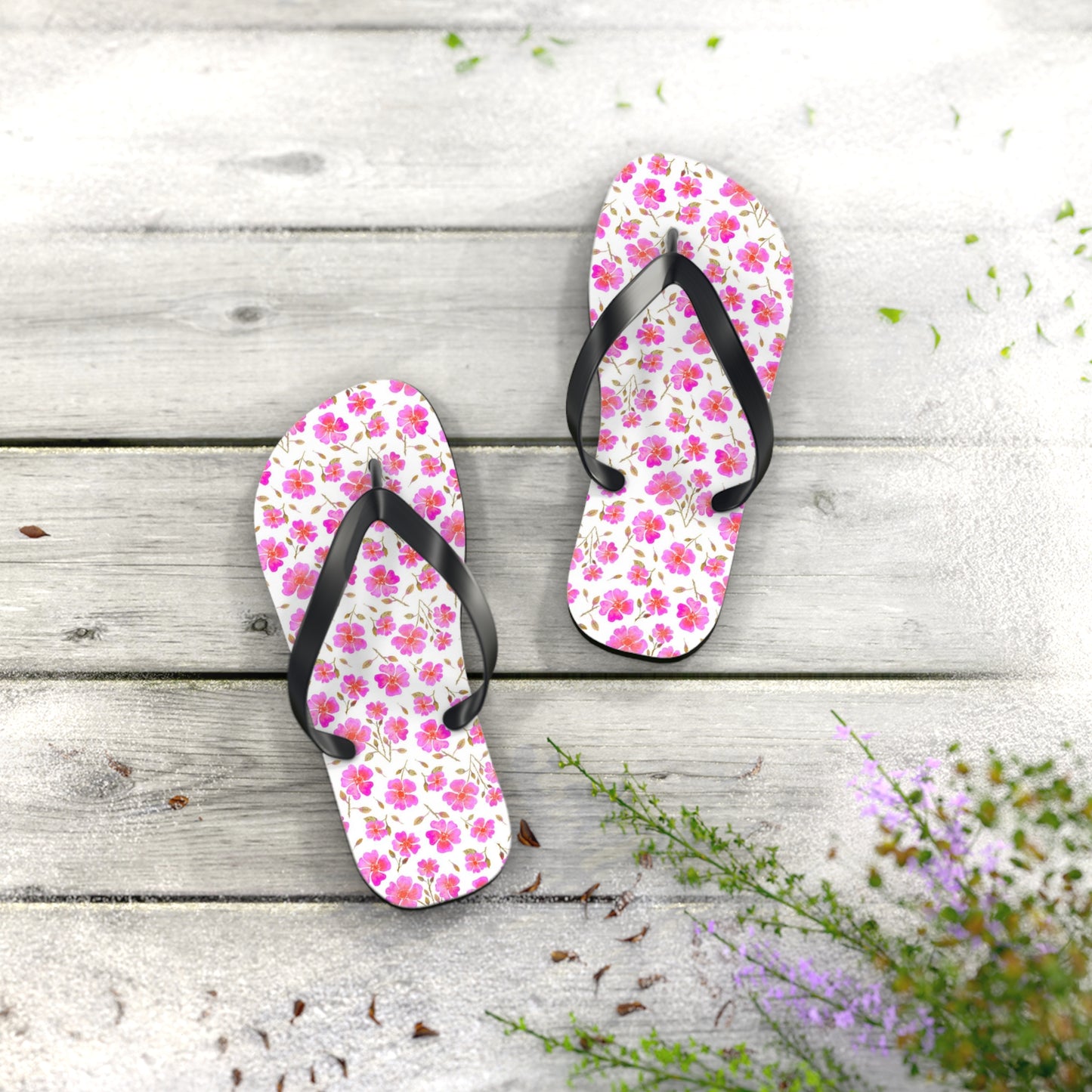 Hot Pink Wild Roses Flip Flops