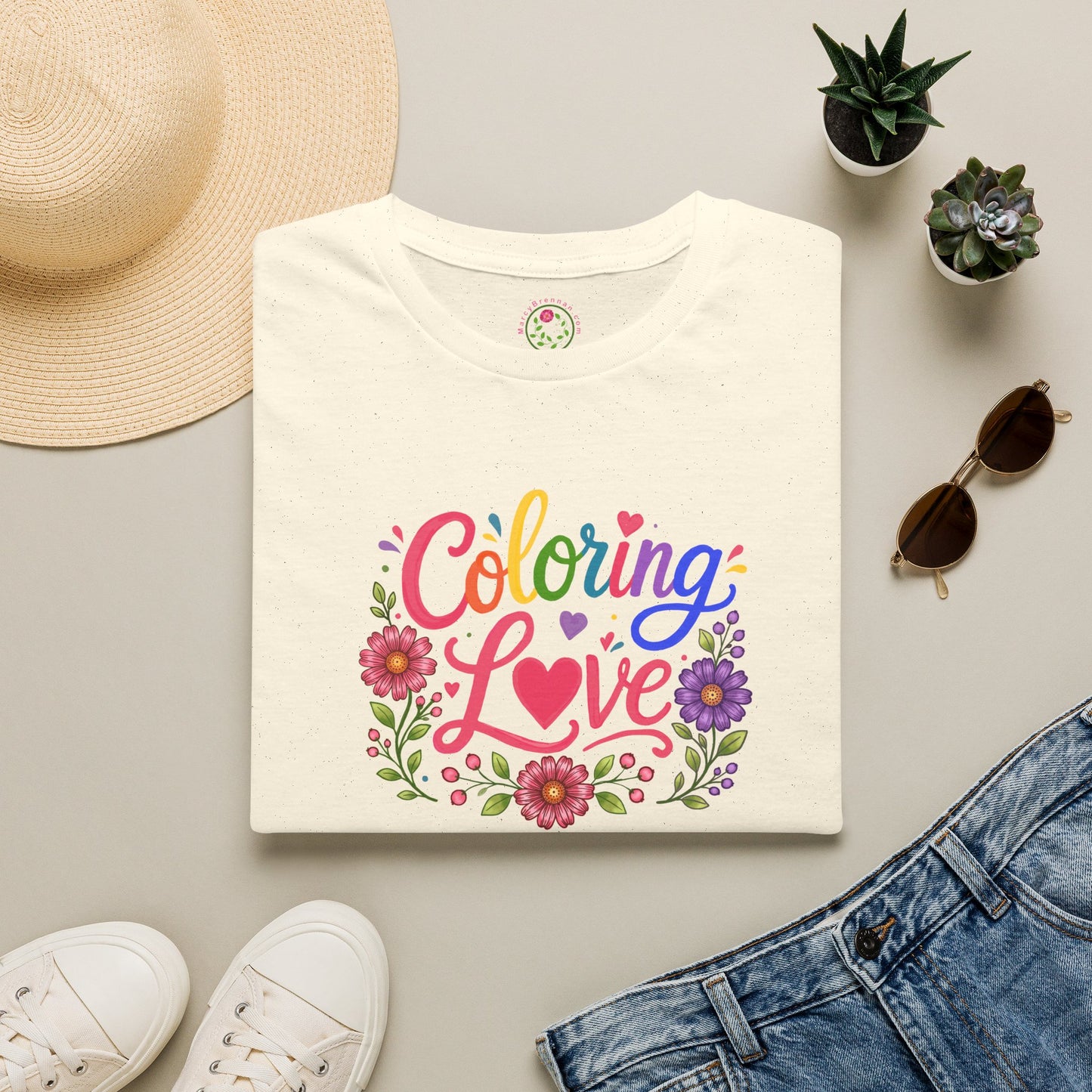 Coloring Love T‑Shirt — Floral Rainbow Heart Design