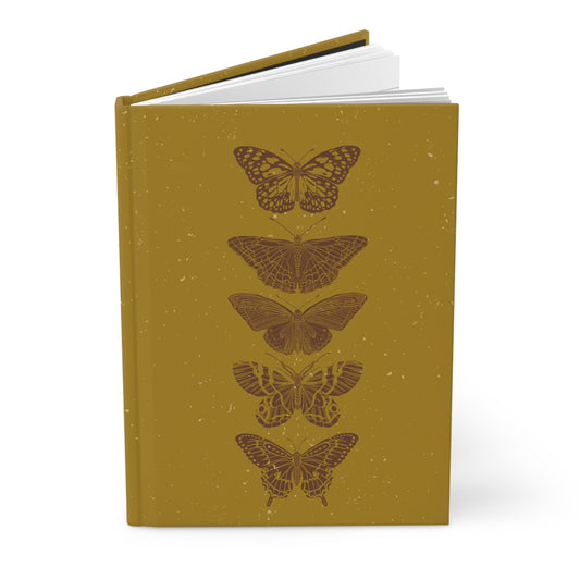 Brown Butterflies in Block Print Style on Gold Background Hardcover Journal