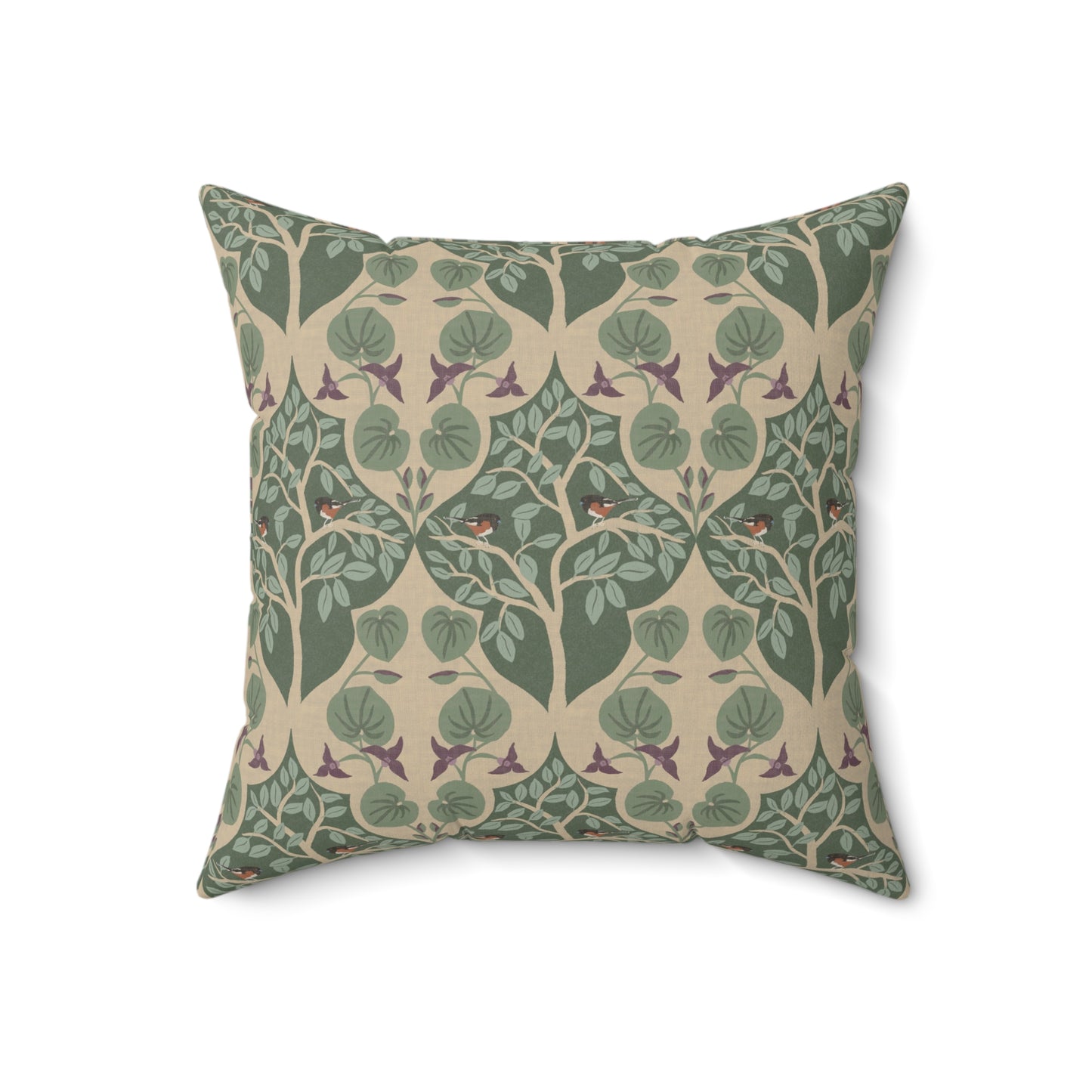 Wild Ginger, Beech Tree and Towhee Sparrows Spun Polyester Square Pillow