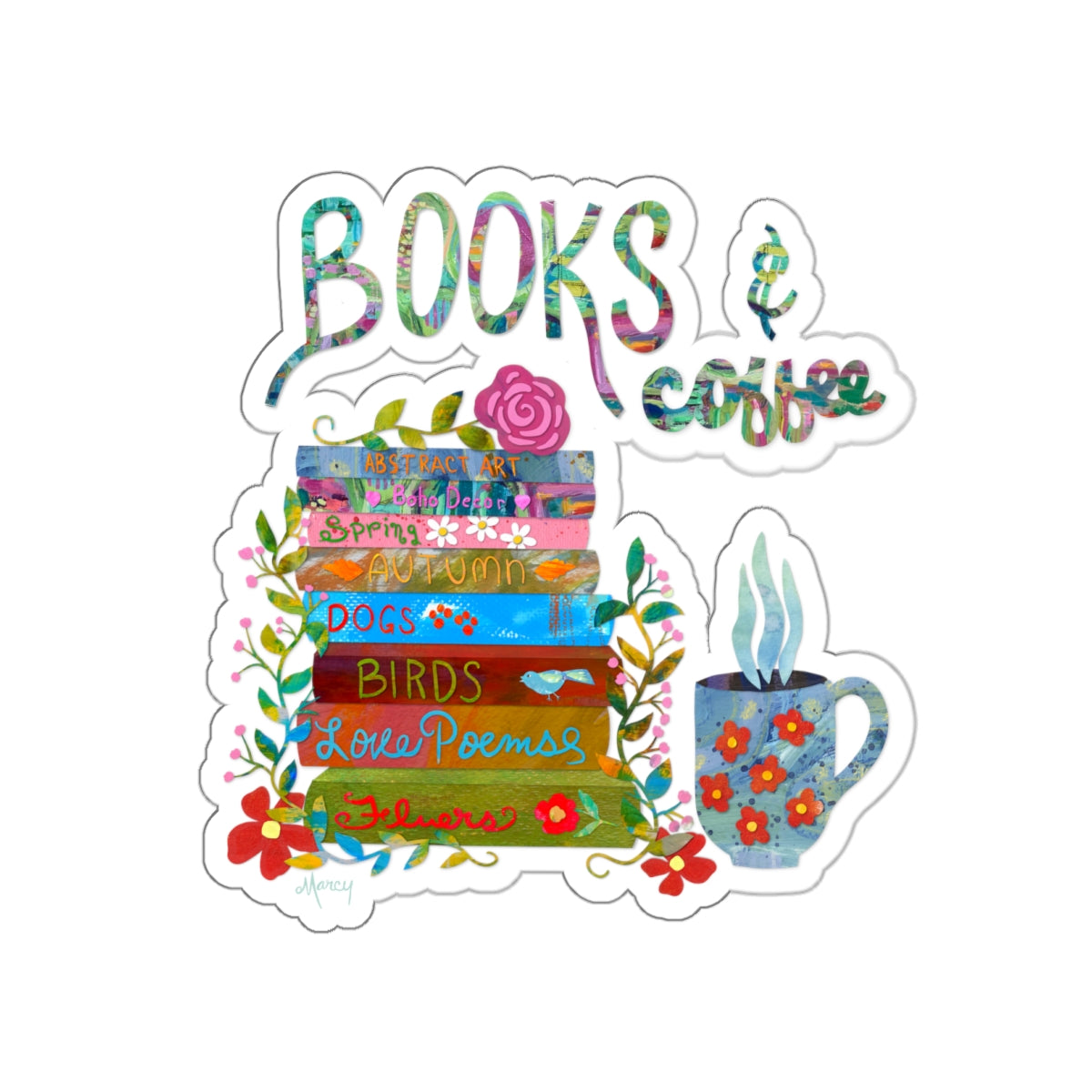 Books and Coffee Collage Die Cut Sticker