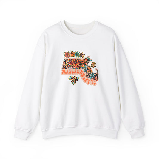 Retro 70s Flowers Massachusetts State Design — Heavy Blend™ Crewneck Sweatshirt