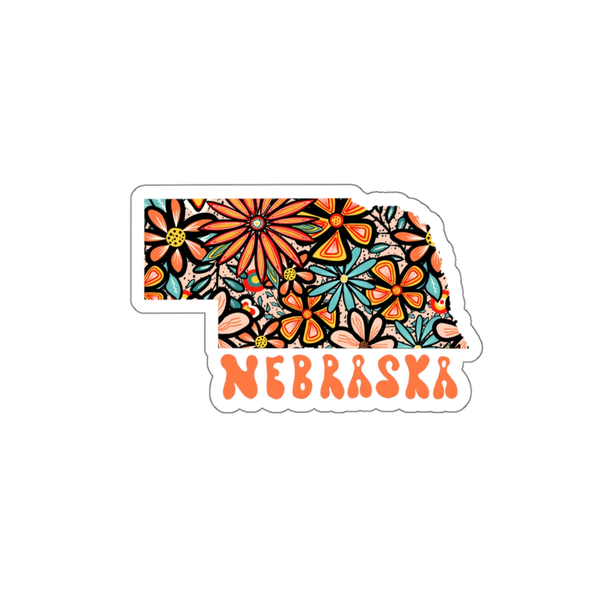 Nebraska State Sticker | Vinyl Artist Designed Illustration Featuring Nebraska State Outline Filled With Retro Flowers with Retro Hand-Lettering Die-Cut Stickers