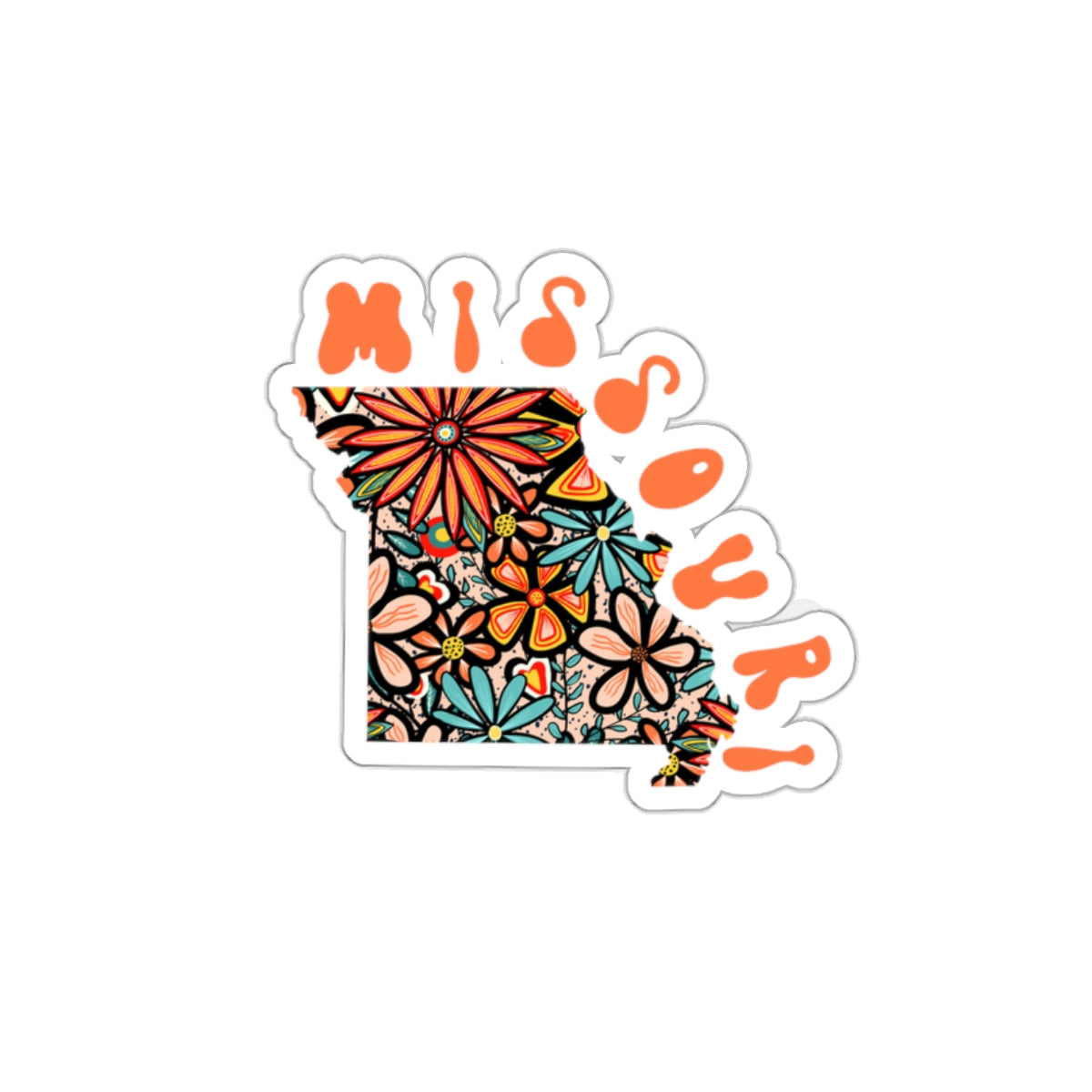 Missouri State Sticker | Vinyl Artist Designed Illustration Featuring Missouri State Outline Filled With Retro Flowers with Retro Hand-Lettering