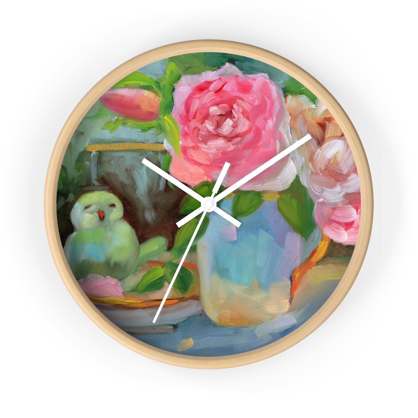 Floral Parrot Wall Clock — Pink Roses & Bird Still Life Home Decor