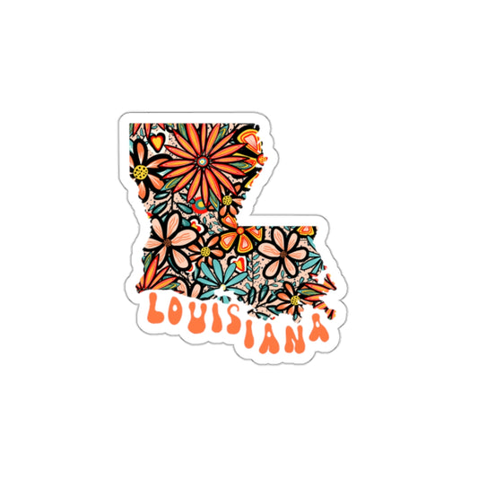 Louisiana State Sticker | Vinyl Artist Designed Illustration Featuring Louisiana State Outline Filled With Retro Flowers with Retro Hand-Lettering Die-Cut Stickers