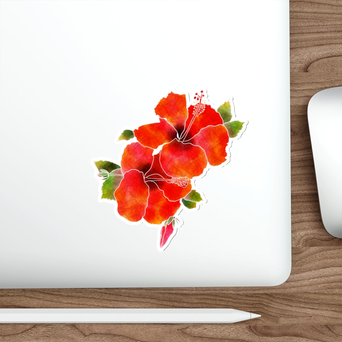 Red Hibiscus with Bude and Leaves Die-Cut Stickers