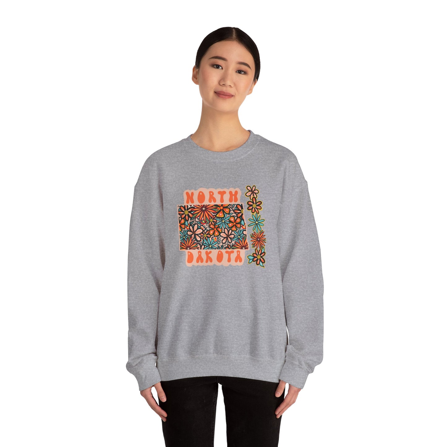 Retro 70s Flowers North Dakota State Design — Heavy Blend™ Crewneck Sweatshirt