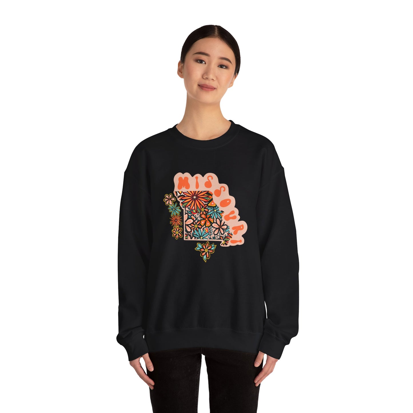 Retro 70s Flowers Missouri State Design — Heavy Blend™ Crewneck Sweatshirt