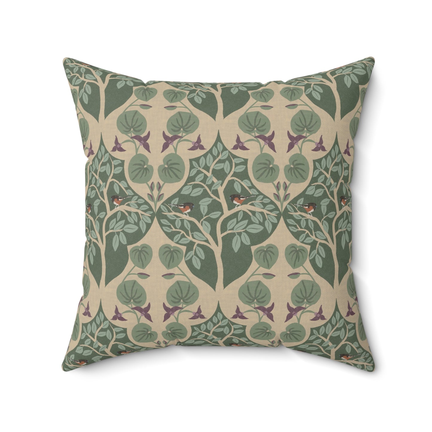Wild Ginger, Beech Tree and Towhee Sparrows Spun Polyester Square Pillow