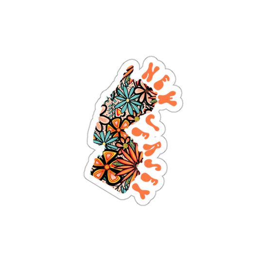 New Jersey State Sticker | Vinyl Artist Designed Illustration Featuring New Jersey State Outline Filled With Retro Flowers with Retro Hand-Lettering Die-Cut Stickers