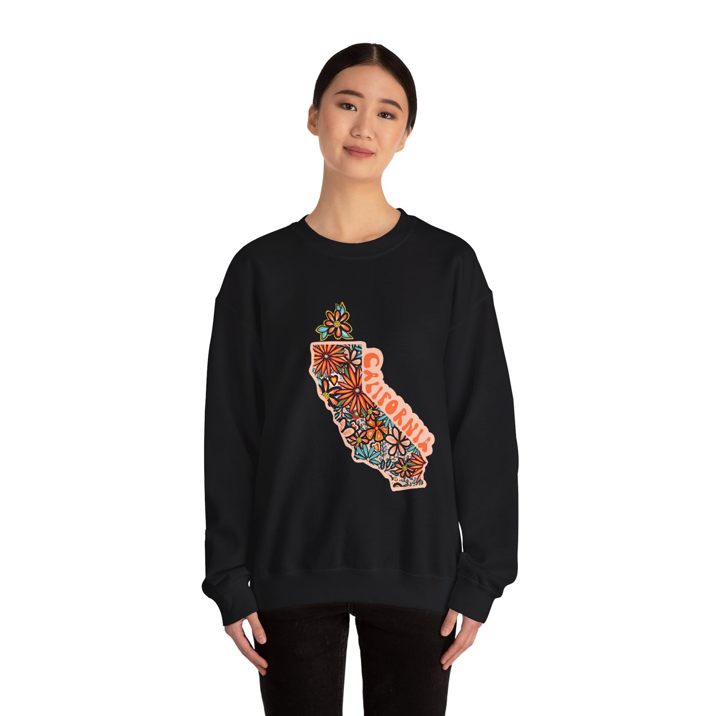 Retro 70s Flowers California State Design — Heavy Blend™ Crewneck Sweatshirt