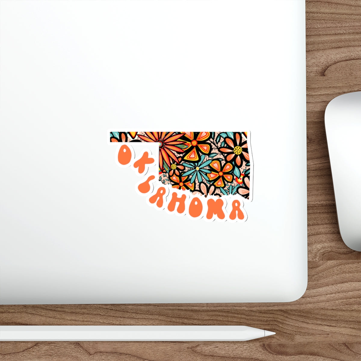 Oklahoma State Sticker | Vinyl Artist Designed Illustration Featuring Oklahoma State Filled With Retro Flowers with Retro Hand-Lettering Die-Cut Stickers