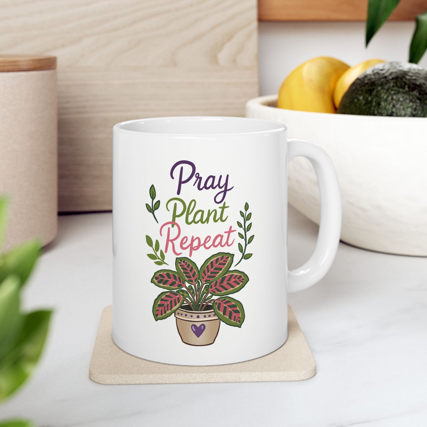 Inspirational Floral Ceramic Mug — "Pray Plant Repeat" Coffee Cup (11oz & 15oz)