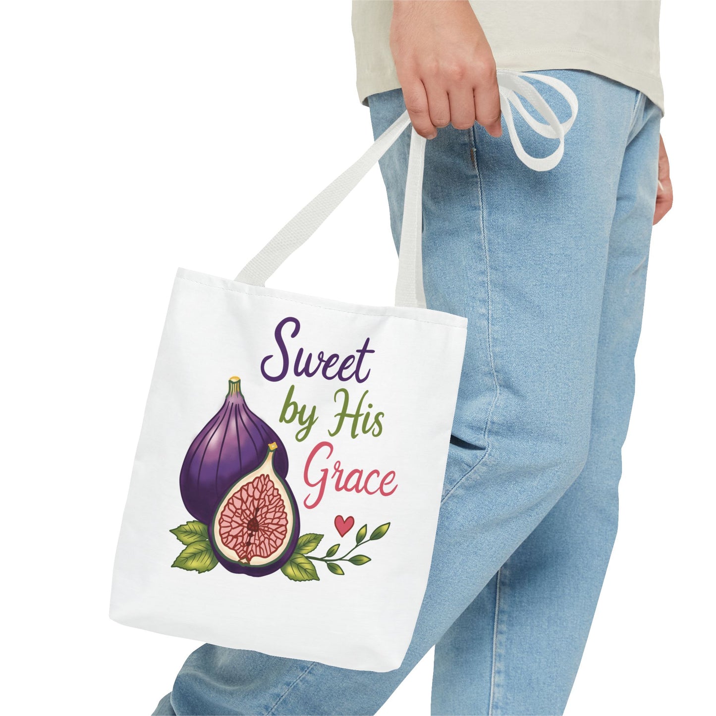 Sweet by His Grace Tote Bag — Faith-Inspired Fig Illustration