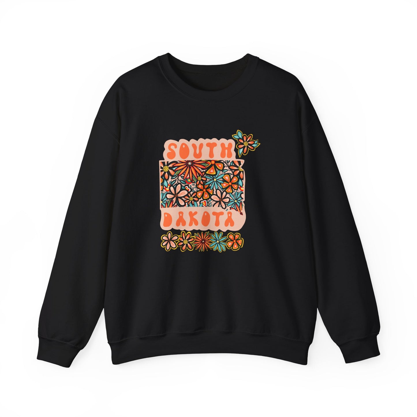 Retro 70s Flowers South Dakota State Design — Heavy Blend™ Crewneck Sweatshirt