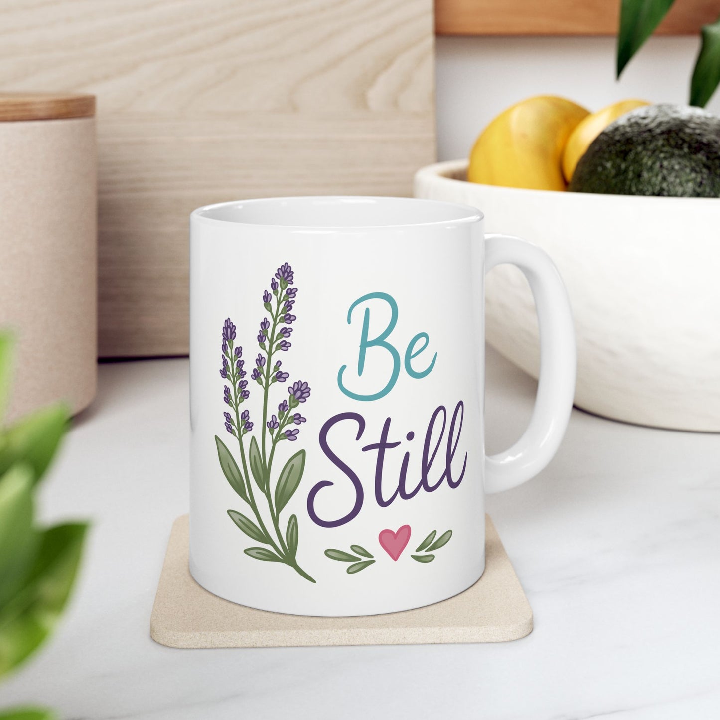 Be Still Ceramic Mug — Lavender Floral Inspirational Coffee Cup (11oz, 15oz)