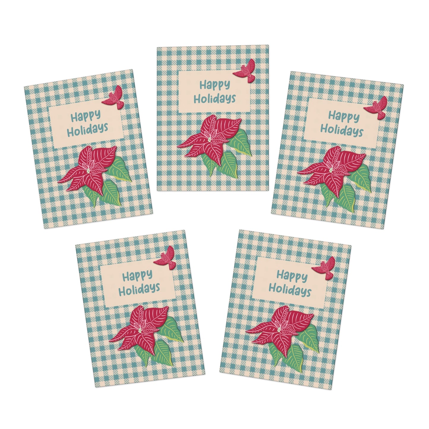 Pink Poinsettia & Cardinal on Teal Plaid Holiday Greeting Cards (5-Pack) - FREE SHIPPING