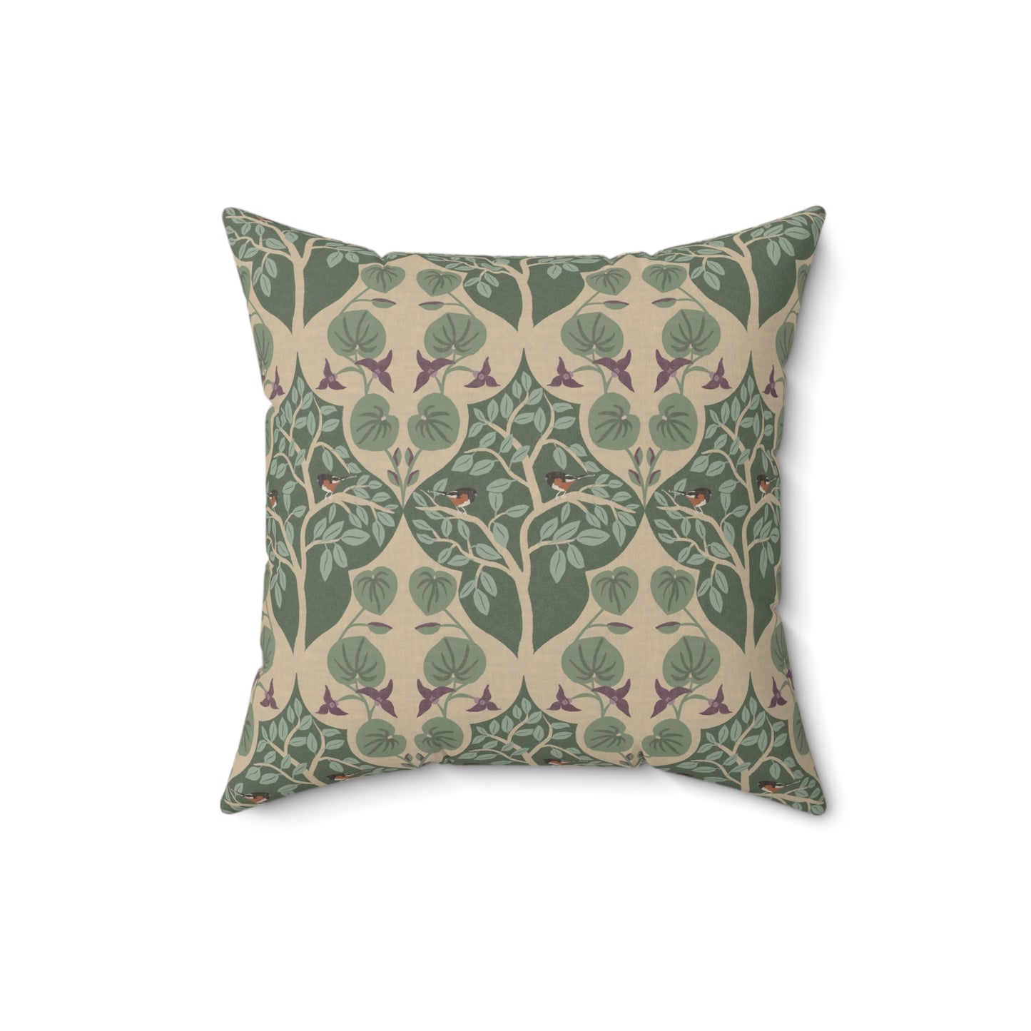 Wild Ginger, Beech Tree and Towhee Sparrows Spun Polyester Square Pillow