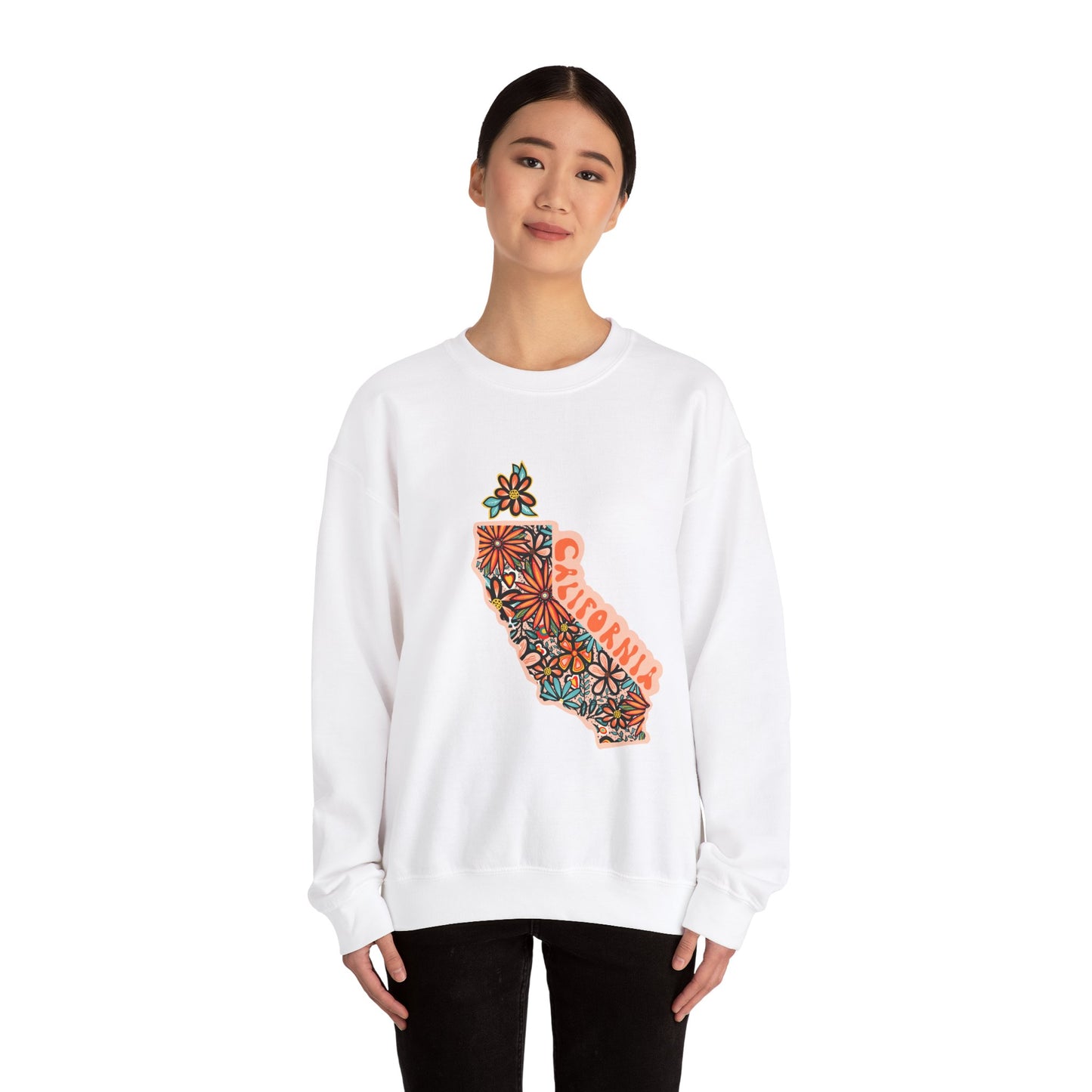 Retro 70s Flowers California State Design — Heavy Blend™ Crewneck Sweatshirt