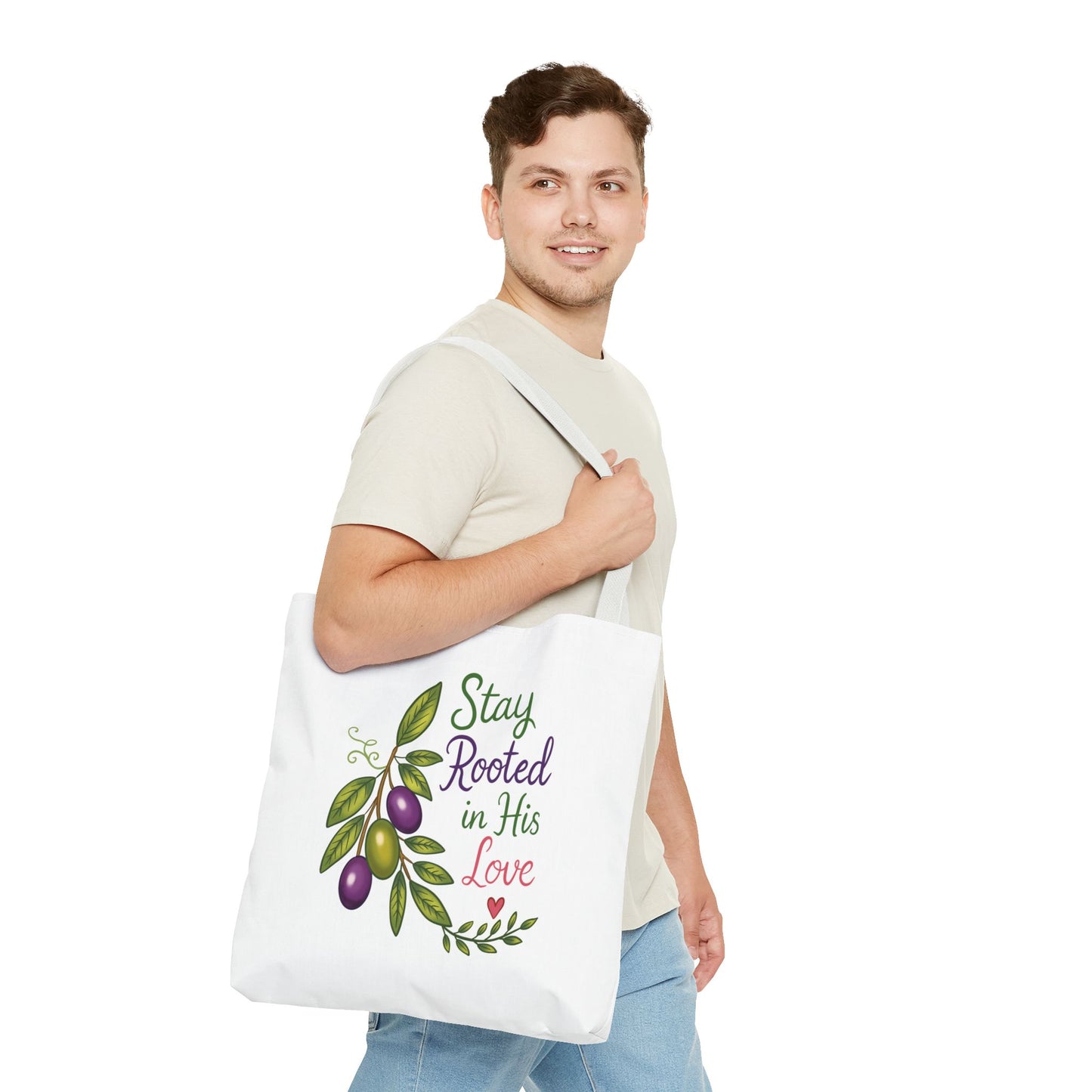 Stay Rooted in His Love Tote Bag — Faith-Based Olive Branch Canvas Tote
