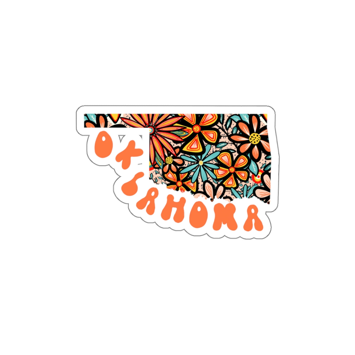 Oklahoma State Sticker | Vinyl Artist Designed Illustration Featuring Oklahoma State Filled With Retro Flowers with Retro Hand-Lettering Die-Cut Stickers