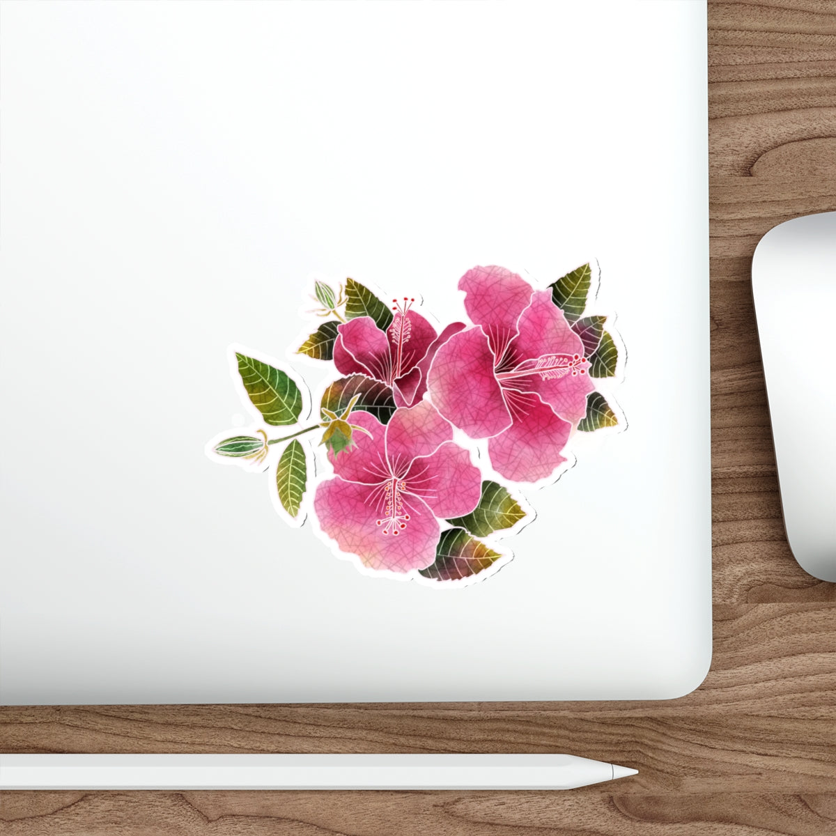 Three Pink Hibiscus with Buds and Leaves Hibiscus Die-Cut Stickers