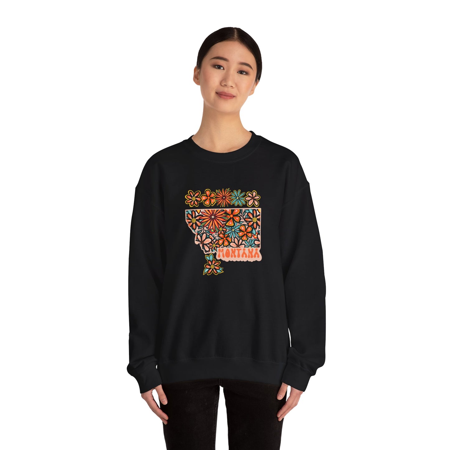 Retro 70s Flowers Montana State Design — Heavy Blend™ Crewneck Sweatshirt