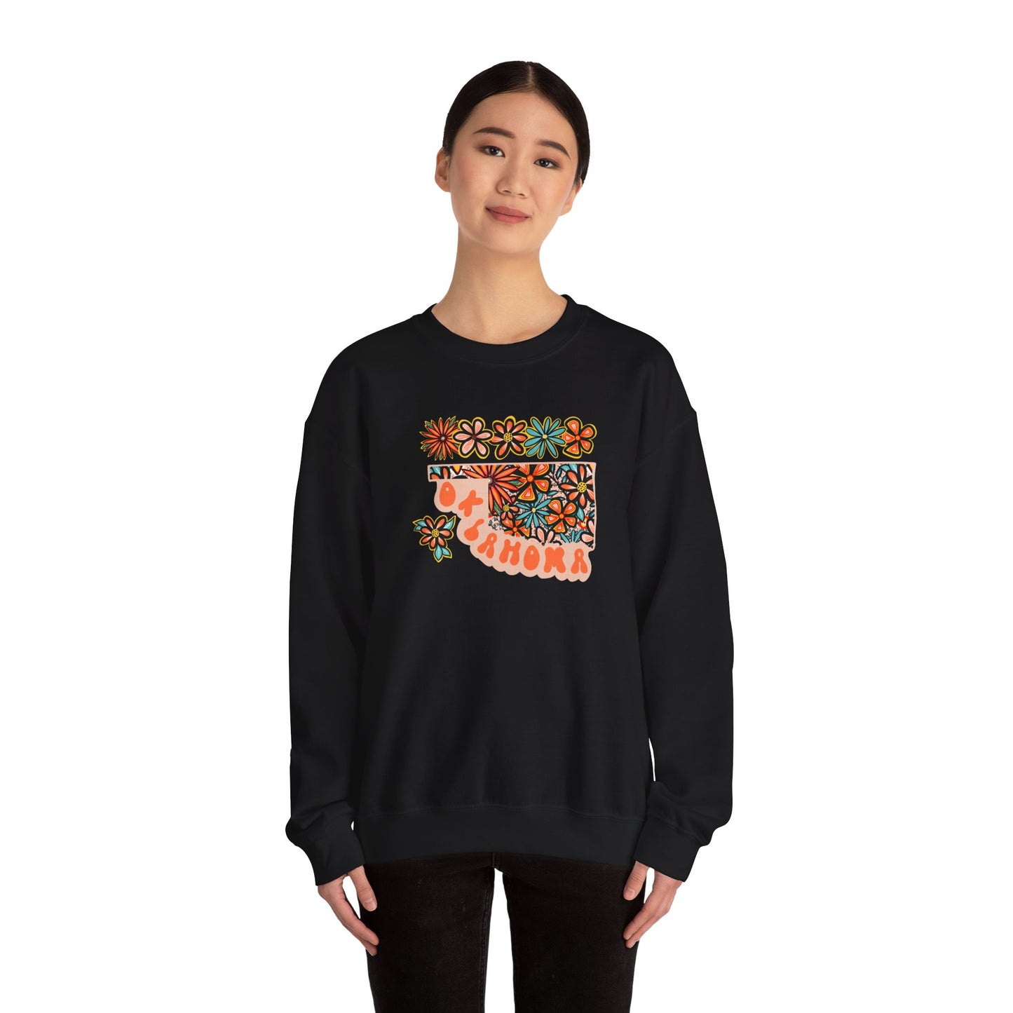 Retro 70s Flowers Oklahoma State Design — Heavy Blend™ Crewneck Sweatshirt