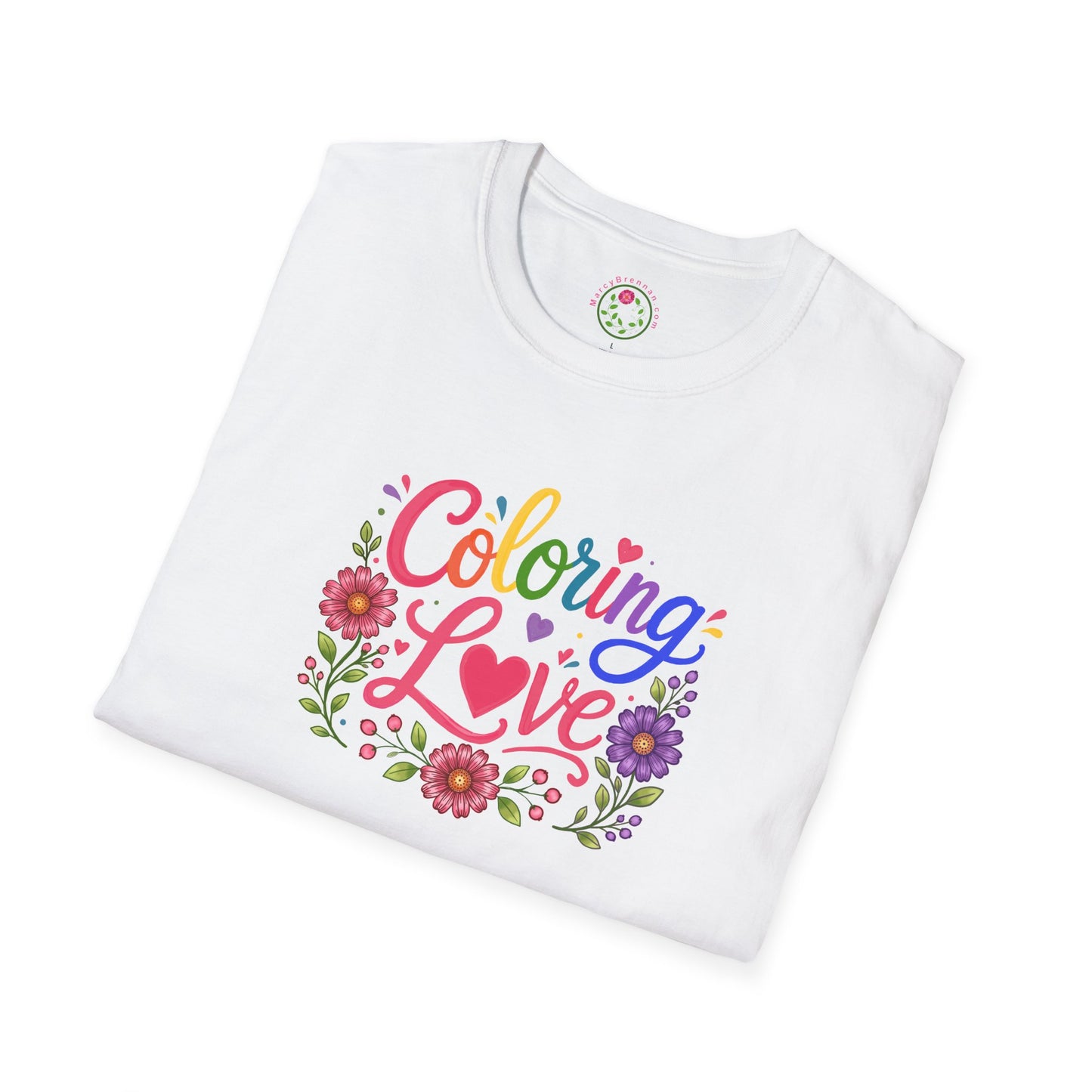 Coloring Love T‑Shirt — Floral Rainbow Heart Design