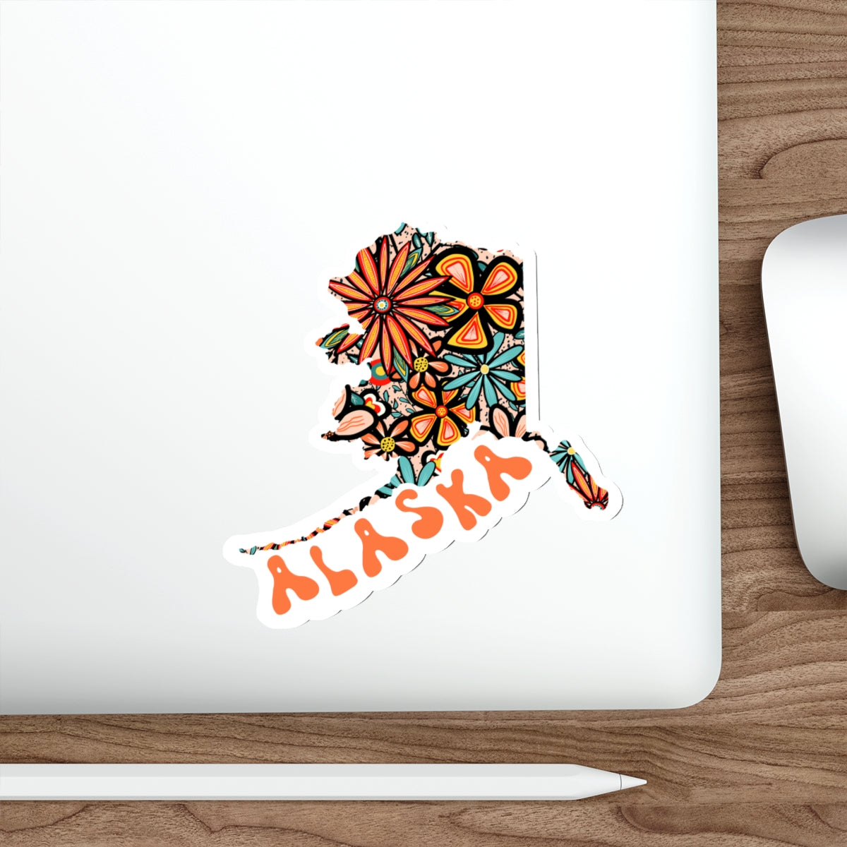 Alaska State Sticker | Vinyl Artist Designed Illustration Featuring Alaska State Outline Filled With Retro Flowers with Retro Hand-Lettering Die-Cut Stickers