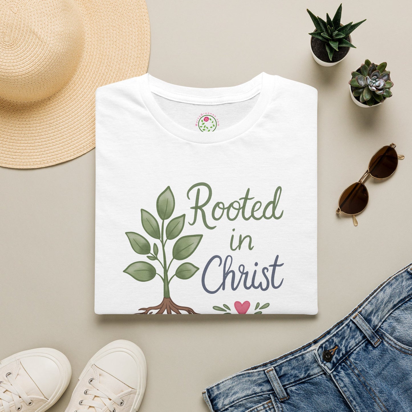 Rooted in Christ Tee — Faith-Based Christian T-Shirt with Tree & Heart Design