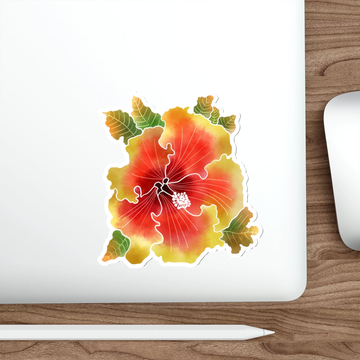 Palm Springs Orange and Yellow Ruffled Hibiscus with Leaves Die-Cut Stickers