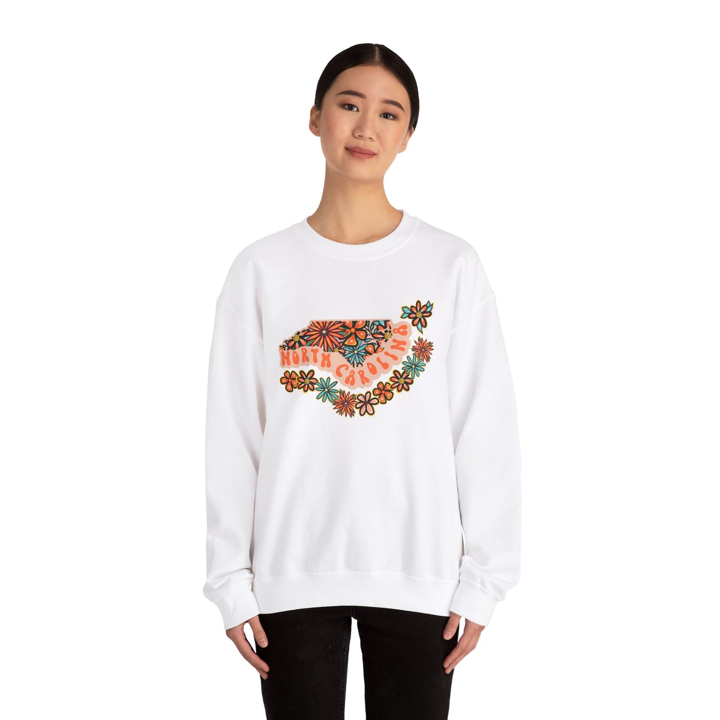 Retro 70s Flowers North Carolina State Design — Heavy Blend™ Crewneck Sweatshirt