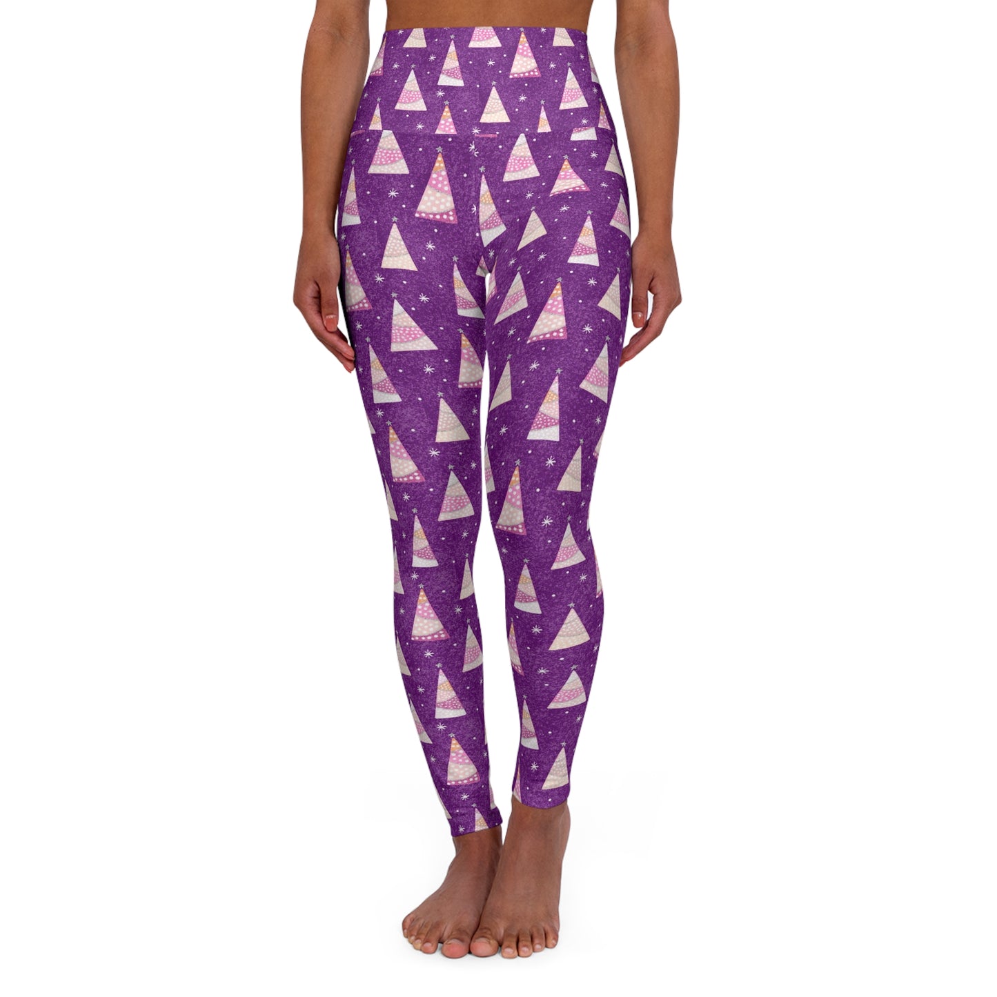 Pink Christmas Trees on Purple High Waisted Yoga Leggings